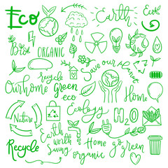 Set of drawn by hand ecology simple line doodle illustrations.