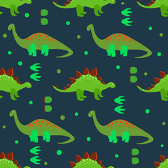 Cute dinosaurs seamless pattern. Vector background with cartoon green dinosaurs and footprints on dark.