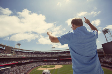 Male fan standing and cheering at a baseball game