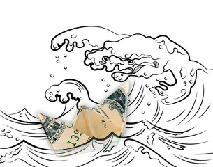 Dollar origami boat floats away from the doodle monster storm waves. The concept of financial crisis. Moneygami.