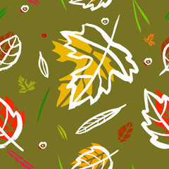Vector seamless pattern with leaf, berries, blades of grass, autumn elements and templates on a green background. autumn hipster background. Bright pattern. Autumn template.