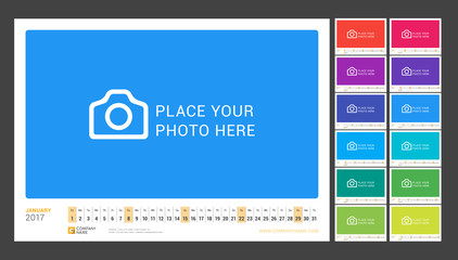 Wall Monthly Calendar for 2017 Year. 12 Months. Vector Design Print Template with Abstract Background. Place for Photo. Landscape Orientation