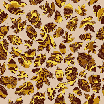 pattern with the image of the leaves with a golden texture on a beige background. Vector