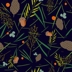 pattern with the image of the forest cones, fir needles, leaves, blades of grass, acorns and ants on a dark blue background. Vector