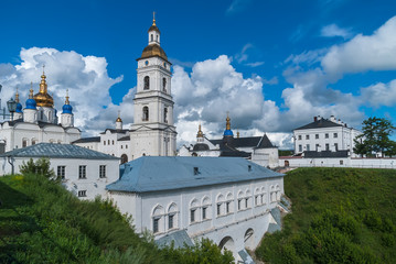 Fototapeta na wymiar Tobolsk, Russia - July 15, 2016: Kremlin. View on Sofia vzvoz, Rentereya, belltower and St Sophia-Assumption Cathedral