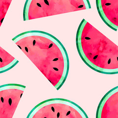 Fruity seamless vector pattern with watercolor paint textured watermelon pieces. - 116011541