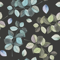 Seamless pattern with the watercolor branches with blue and grey leaves, hand painted isolated on a dark background