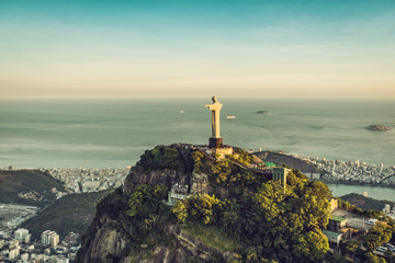 Aerial view of Christ Statue with people visiting Corcovado Hill