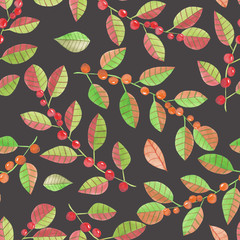 A seamless pattern with a floral ornament of the watercolor red and orange berries on the branches with leaves on a dark background