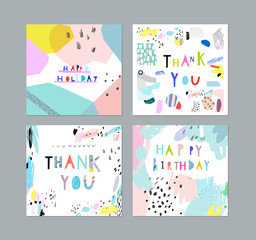 Thank You, Happy Birthday, Happy Holiday cards. Cute, fun and creative elements. Vector