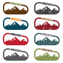 climbing vector illustration set with mountains and carabiner