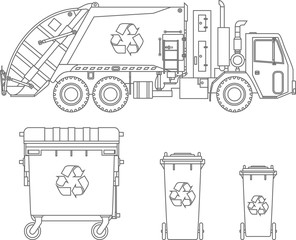 Coloring pages. Set of garbage truck and different types of dumpsters flat linear vector icons isolated on white background. Vector illustration.