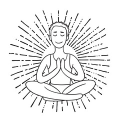 Young Man meditates in the Lotus position. Linear outline vector illustration.