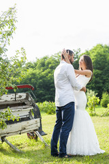 Happy bride and groom on their wedding. Wedding couple outdoor