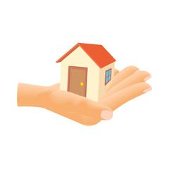 Fototapeta na wymiar Hand holding house icon in cartoon style isolated on white background. Structure symbol