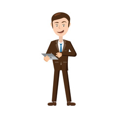 Businessman with tablet icon in cartoon style isolated on white background