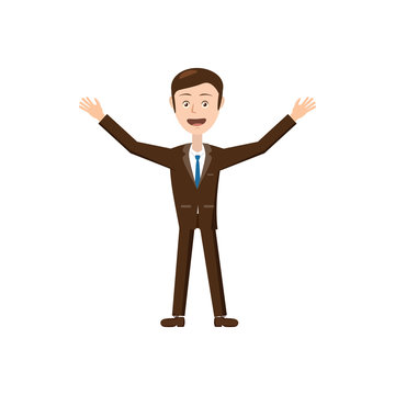 Businessman with raised arms icon in cartoon style isolated on white background