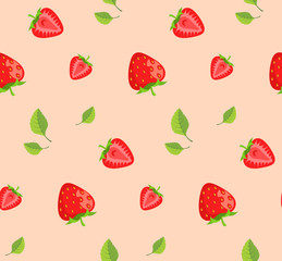 Strawberries and green leaves background.