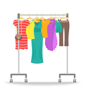 Hanger rack with women clothes collection. Flat style vector illustration. Female casual garment hanging on rolling metal commercial stand. Summer sale fashion concept. Dresses, shirts, skirts, pants