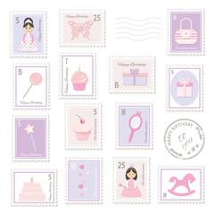 Birthday postage stamps set for girls.