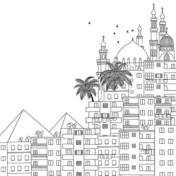 Cairo, Egypt, hand drawn black and white illustration with space for text