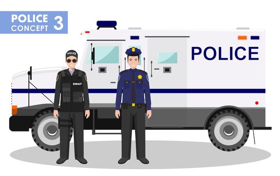 Police concept. Detailed illustration of SWAT officer, policeman and armored car in flat style on white background. Vector illustration.