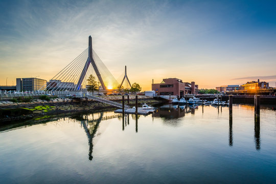 The Leonard P. Zakim Bunker Hill Bridge at sunset, in Boston, Ma