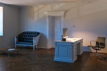 Elegant design office with leather sofa and parquet floor. 