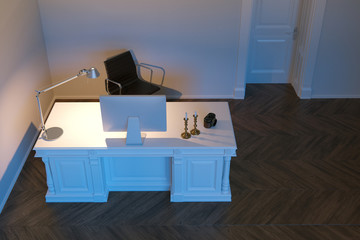 Wooden interior office with parquet flooring. 3d render