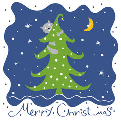 Happy Christmas Cat/ vector festive background with green tree, snow and cheerful mood 