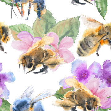 background bee. seamless pattern. watercolor illustration.