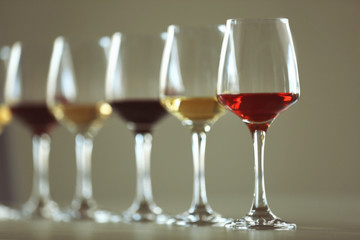 Many glasses of different wine in a row, close up