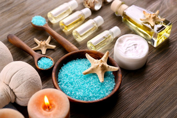 Spa treatment on wooden background