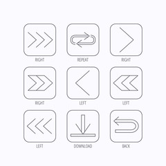 Arrows icons. Download, repeat linear signs.