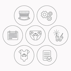 Newborn clothes, diapers and sleep cradle icons.
