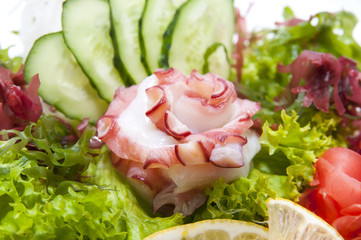 Japanese cuisine sashimi with vegetables and fish in a restaurant