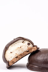 Chocolate round cookies with copy space on white background