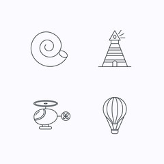 Lighthouse, air balloon and helicopter icons.