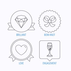 Love heart, brilliant and engagement ring icons.