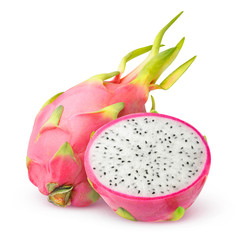 Isolated one and a half pitahaya (dragon fruits) with clipping path