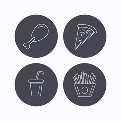 Pizza, pizza and soft drink icons.