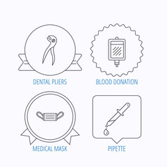 Medical mask, blood and dental pliers icons.