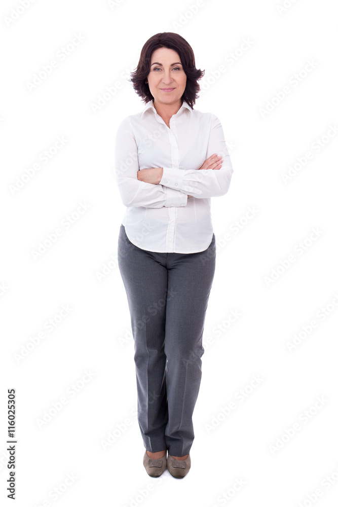 Poster full length portrait of mature business woman isolated on white