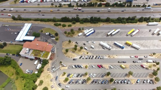 Aerial view of Tank- und Rastanlage (highway rest area) Wetterau. The rest area is located at German highway A5 between Giessen and Frankfurt
