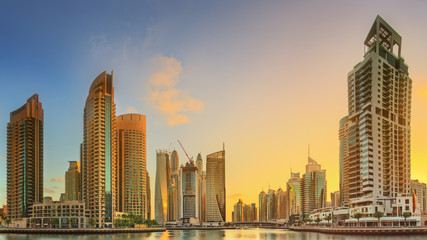 Fototapeta na wymiar View of Dubai Marina bay with yacht, Dubai, UAE