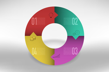 Connected four steps timeline infographics in circular shape with arrows. 4 steps modern business diagram with colorful gradients in rounded pie chart shape, can be used as infographic or timeline.