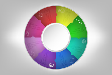 Modern rounded infographics with 8 steps embossed to backdrop. Modern eight steps timeline infographic with outline icons, 3D circle for text in pie chart shape connected with arrows.