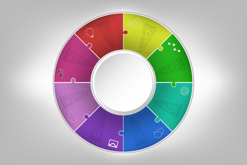 Modern colorful 8 steps timeline infographics in jigsaw shape. Eight steps business infographic diagram with outline icons in rounded puzzle shape embossed to background with inner 3D circle.