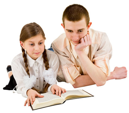 Man and girl reading book