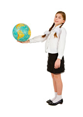 Girl and terrestrial globe on white